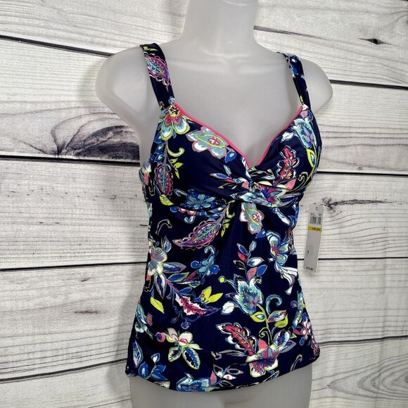 ☀️Anne Cole "On Holiday" Blue Paisley Size 36B/C Underwire Twist Bandeau Tankini - Picture 4 of 8